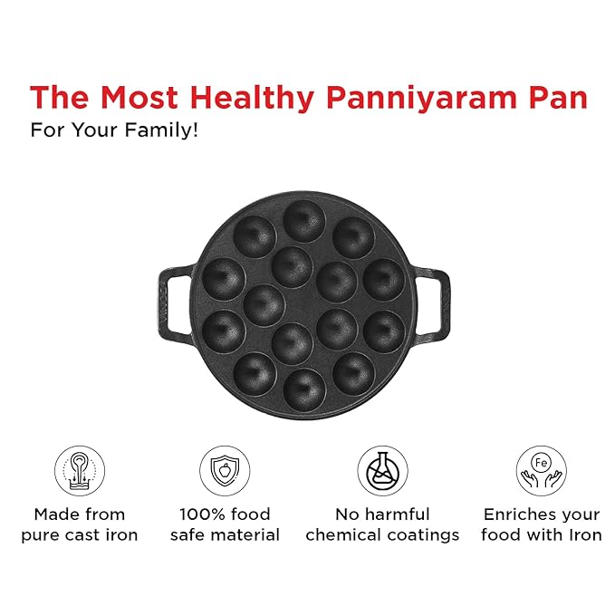 Vinod Legacy Cast Iron Stick Free Paniyarakkal Pan - 15 Cups | 25cm