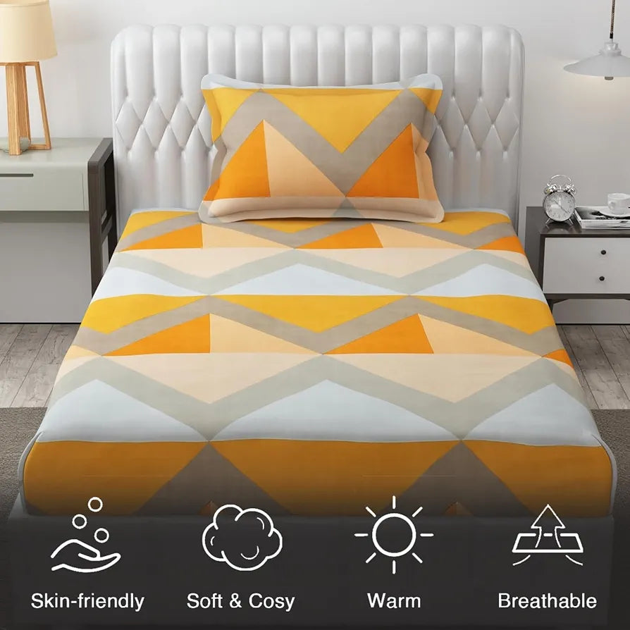 Fresh From Loom Single Bed Floral Design Microfiber Single Bedsheet Hypo-Allergenic Bedsheets Bedcover Wrinkle Free Includes 1 Pillow Covers 144 TC Chevron Orange