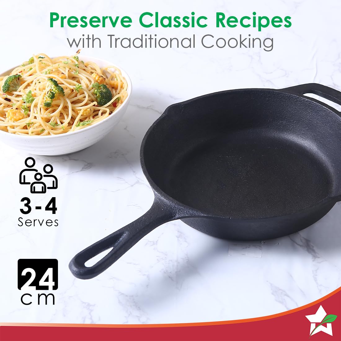 Wonderchef Forza Cast-iron Fry Pan | Pre-seasoned Cookware | Induction Friendly | 24cm