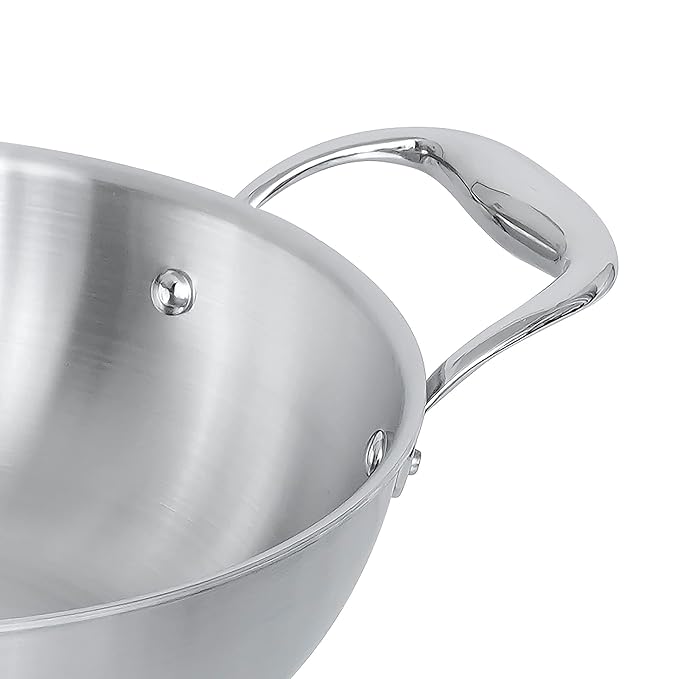 Femora Induction Safe, Stain Resistant, Zero Coating Stainless Steel Tri-ply Deep Frying Kadhai Pan | 26 Cm Capacity 3.2 Litres | Silver