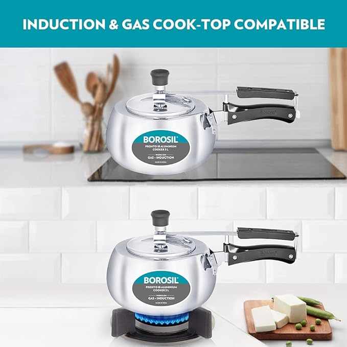 Borosil Pronto Induction Base Inner Lid Aluminium Pressure Cooker | 3.6 Mm Thick Base | 3 Litres | Silver