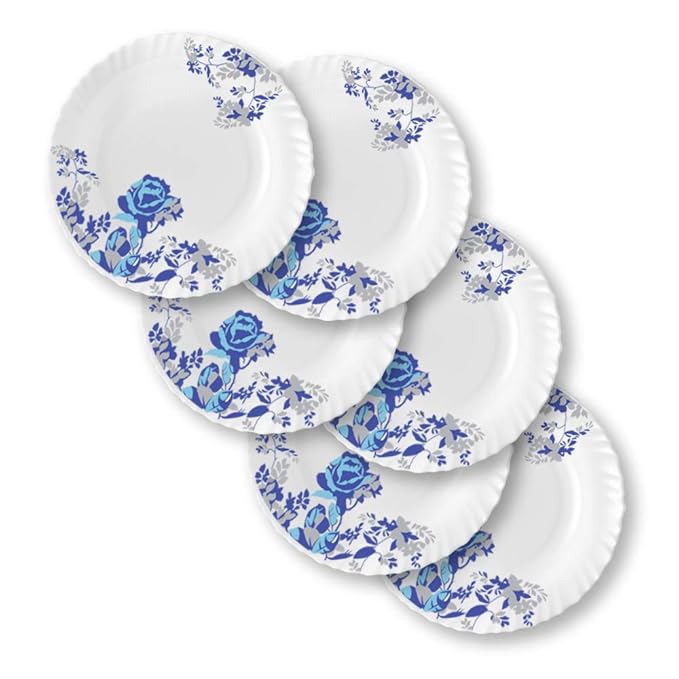 Larah by Borosil Opalware Blue Cascade Full Plate | White | 11 Inch | Set of 6
