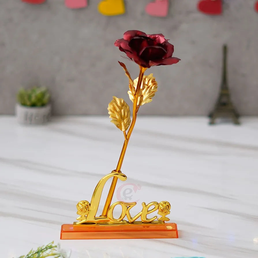 Golden Red Rose Flower with Love Showpiece