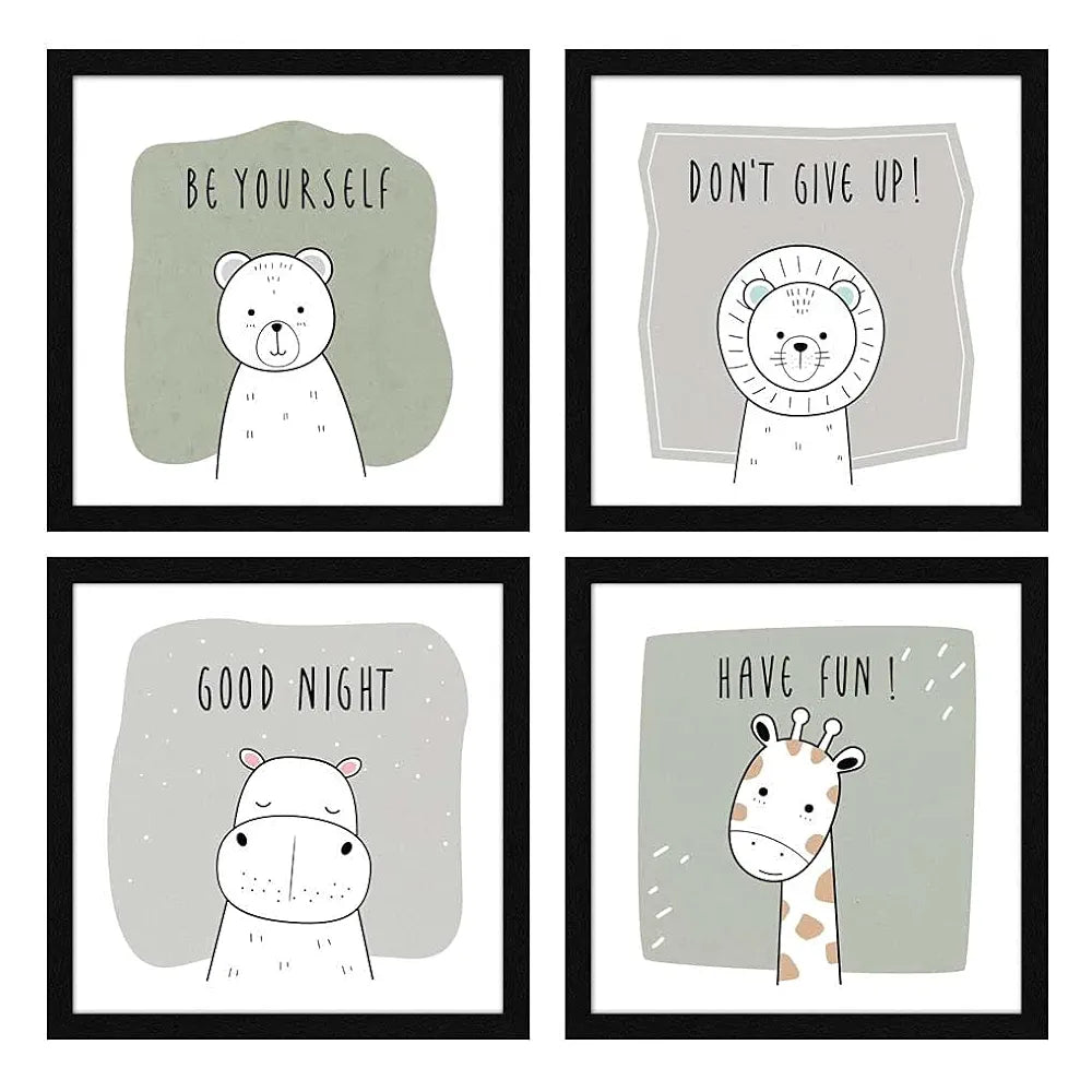 ArtX Paper Cute Animal AXJ00126-ANI With Quote Wall Art Painting Framed Paintings Set of 4