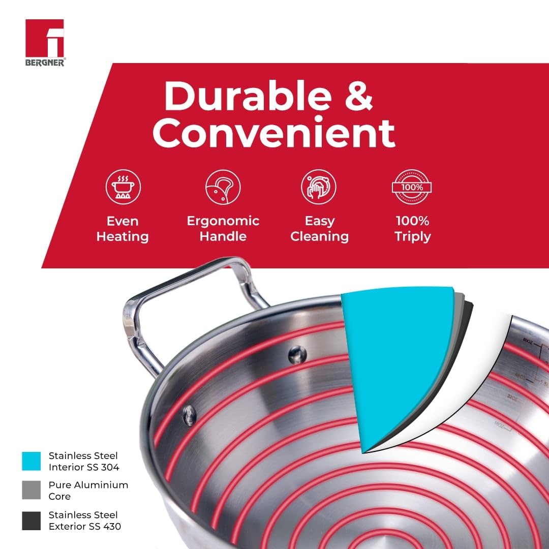 Bergner Tripro Triply 30 Cm Deep Kadai | 6 L Capacity | Stainless Steel Lid | Wide Grip Handles