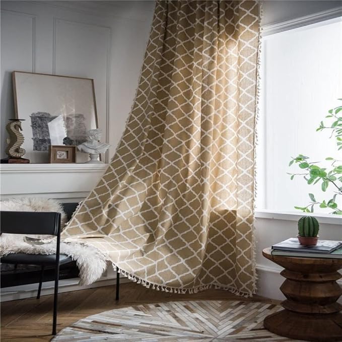 Huesland Cotton Curtains for Windows, 5 Feet Long 1 Bohemian Eyelet Curtain | Quatrefoil Light Brown