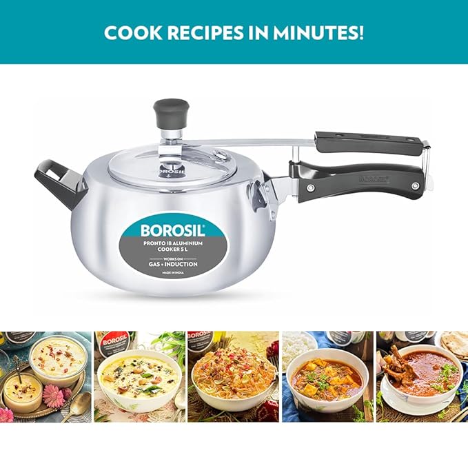 Borosil Pronto Induction Base Inner Lid Aluminium Pressure Cooker | 3.6 Mm Thick Base | 5 Litres | Silver