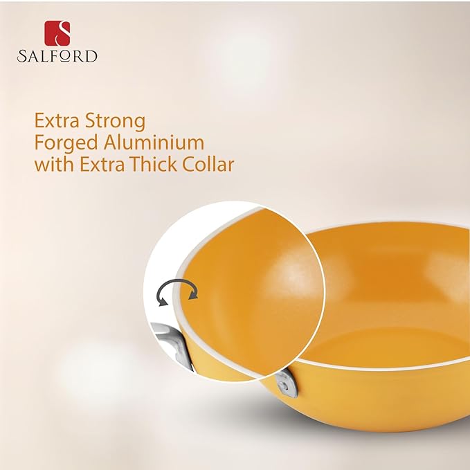 Salford Forged Ceramic Non-stick Kadai With Glass Lid & Tubular Ss Handle | Mustard Yellow | 240mm | 2.5 Litre