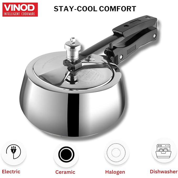 Vinod Europa Stainless Steel Inner Lid Pressure Cooker - 3.5 Litre | Handi Shape | Sandwich Bottom Cooker