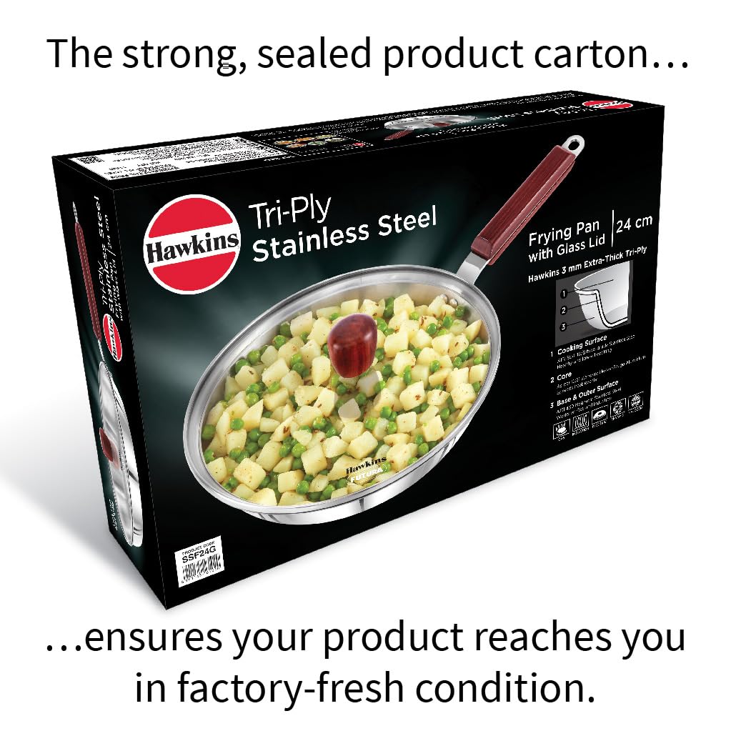 Hawkins 24 cm Frying Pan Triply Stainless Steel Fry Pan with Glass Lid