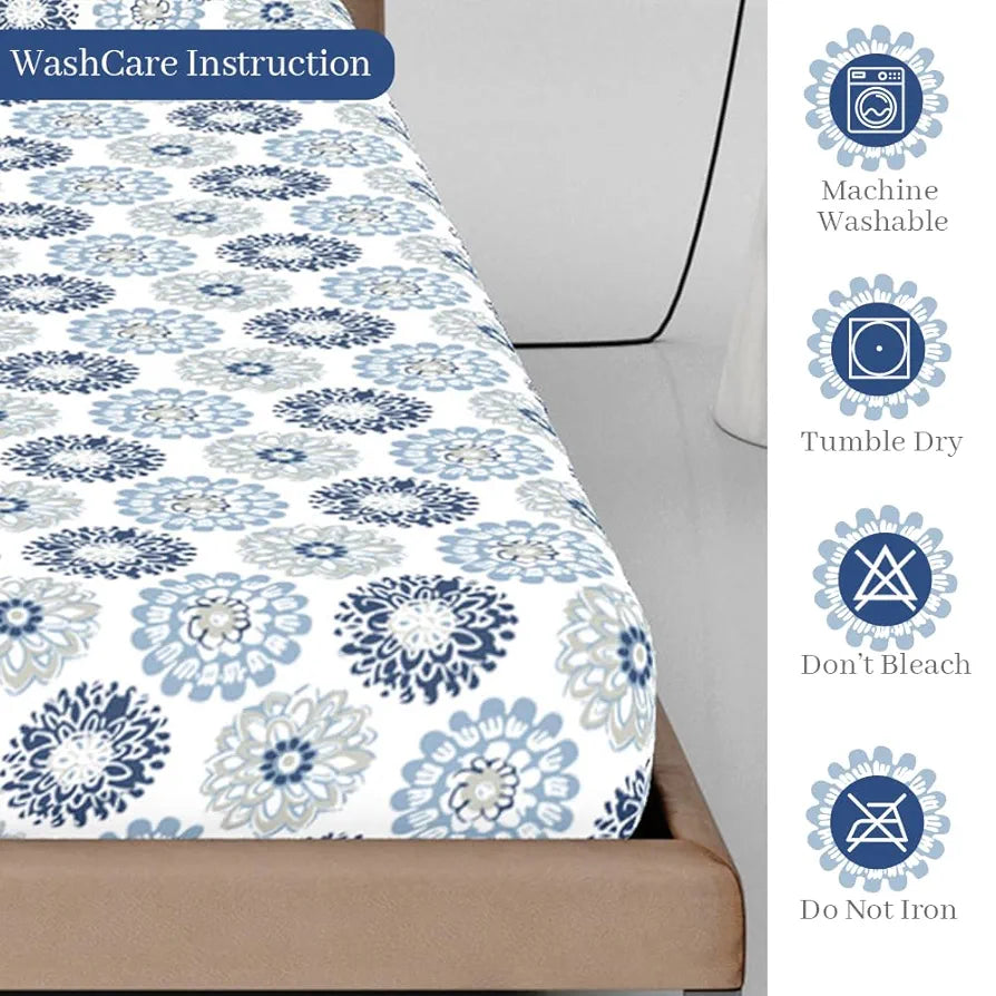 Divine Casa Blue and Grey Floral Pattern 144 TC 100% Cotton Elastic Fitted Printed Queen Size Double Bed Bedsheet with 2 Pillow Cover for Bedroom
