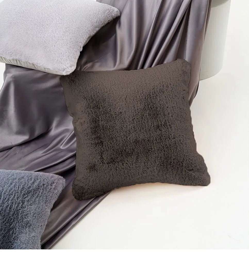 Luxe Home Cushion Cover One Side Rabbit Fur Plain Design Covers Set of 2 Colour Cocoa