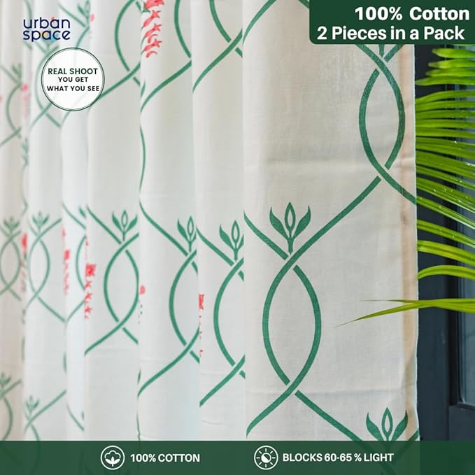 Urban Space Cotton Semi Sheer Curtains for Door Set of 2 with Eyelets and Tieback (Clour Floral Ripples Pink & Green)