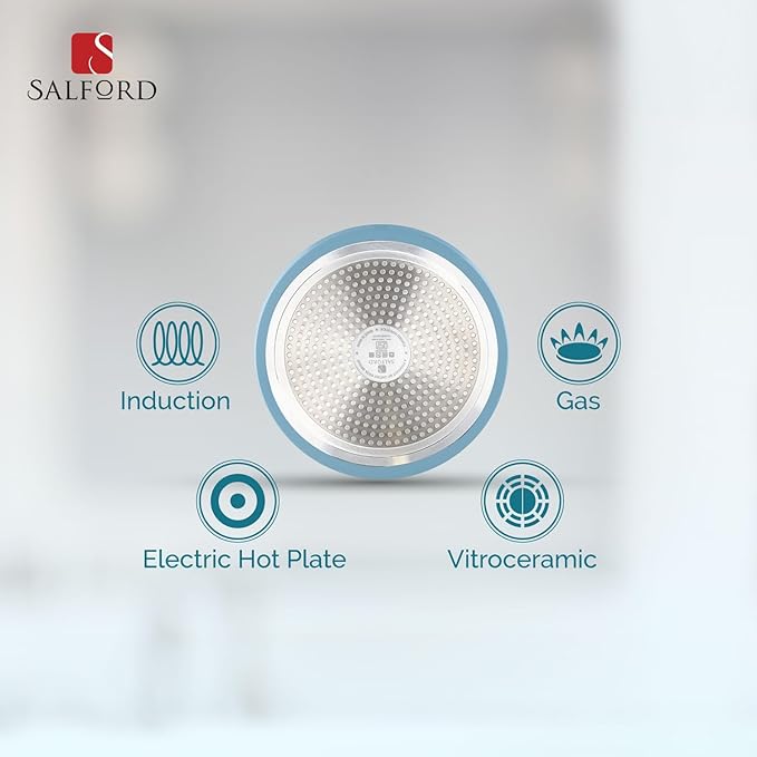 Salford by Ucook Forged Non-stick Kadhai + Glass Lid With Soft Touch Wooden Handle | Black Spatter Finish Dusty Blue | 260mm | 3.25 Litre