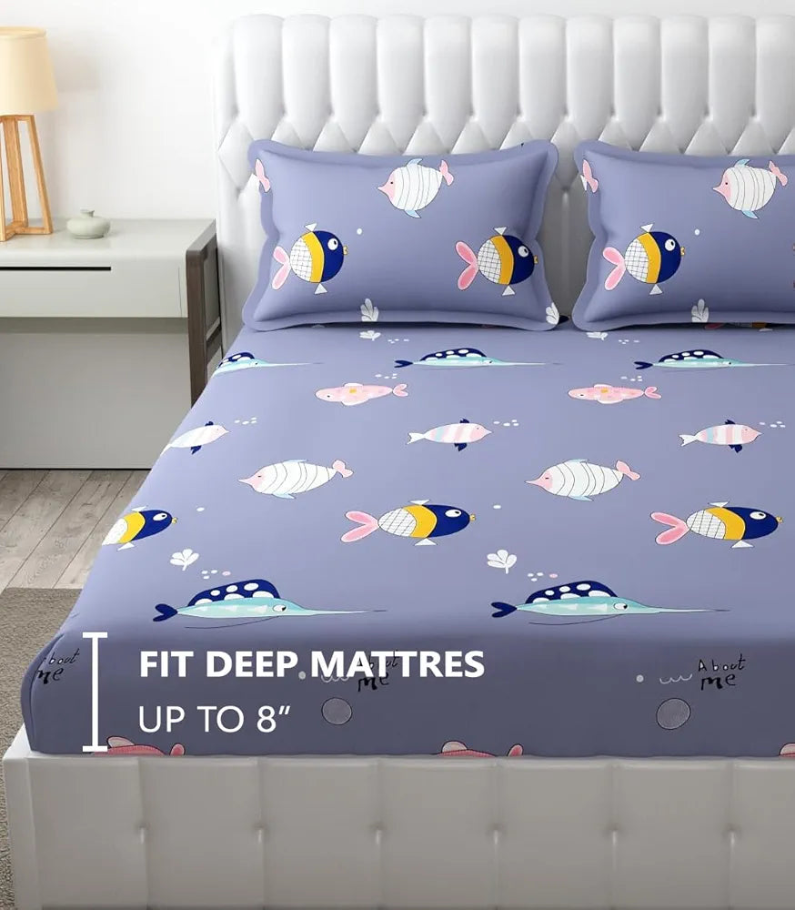 Fresh From Loom Elastic Fitted Cartoon Printed Bedsheets for Kids with 2 Pillow Fish Blue Double Bed 300 TC Grizzlies