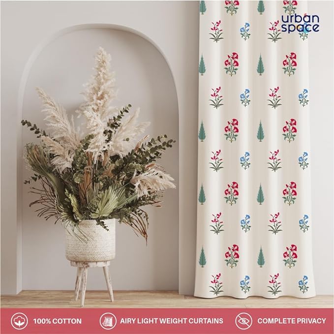 Urban Space Cotton Curtains for Door Set of 2 with Eyelets and TieBack(Colour High GardenRed)