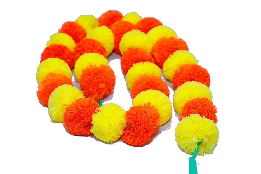 Artificial Marigold Flowers for Decoration Garland with Bell 5 Feet Long 50 Pcs mix - 50pcs(5pkt)