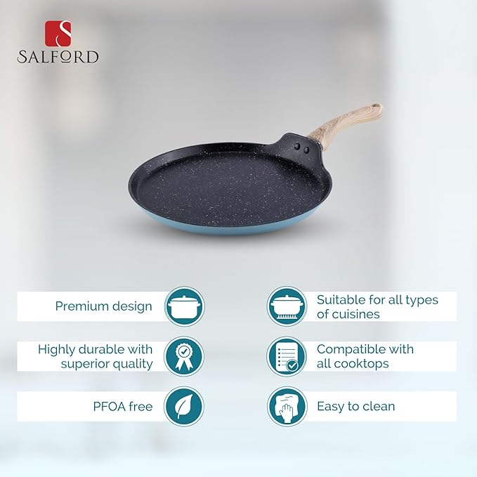 Salford by Ucook Forged Non-stick Tawa With Soft Touch Wooden Handle, Induction & Gas Ready | Black Spatter Dusty Blue | 260mm