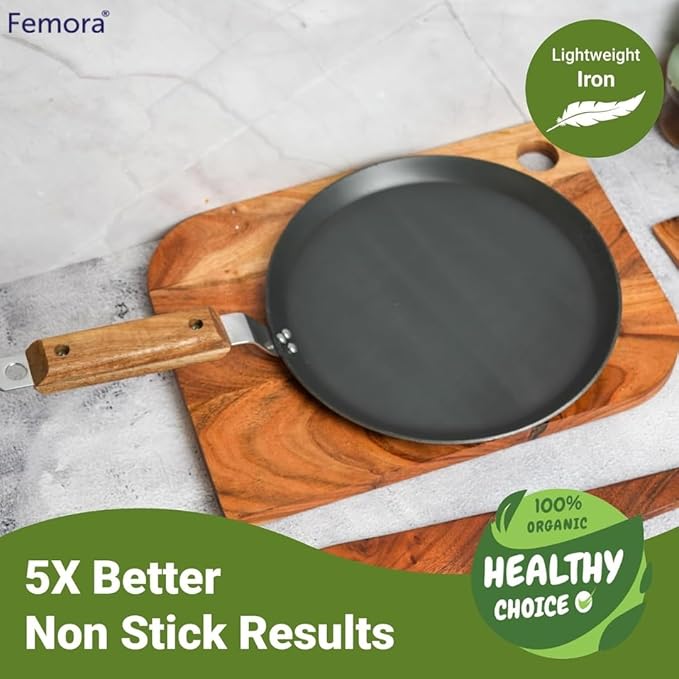 Femora 12 Inchs Iron Flat Tawa With Wooden Handle | Tawa for Roti