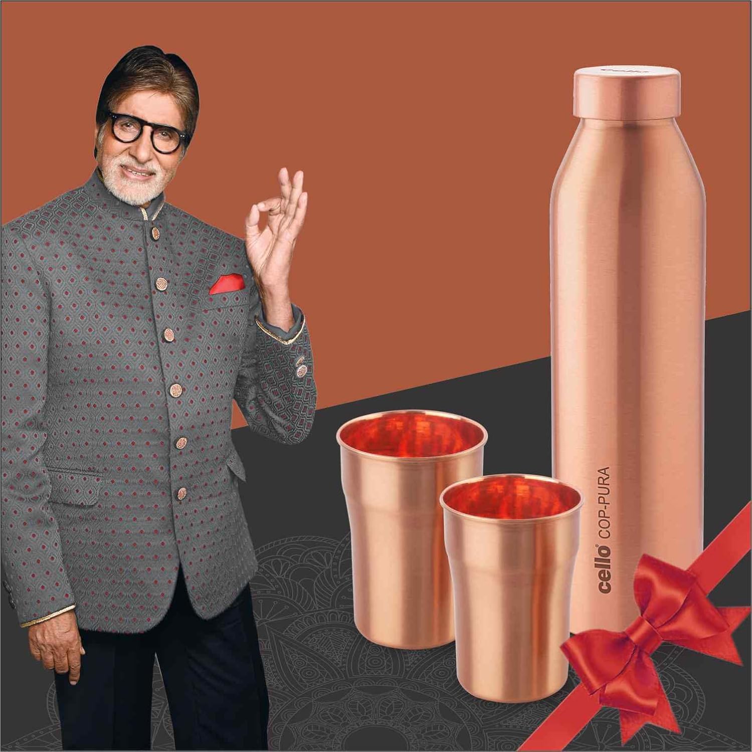 Cello Cop-pura Moksha Copper Bottle Gift Set with Glasses