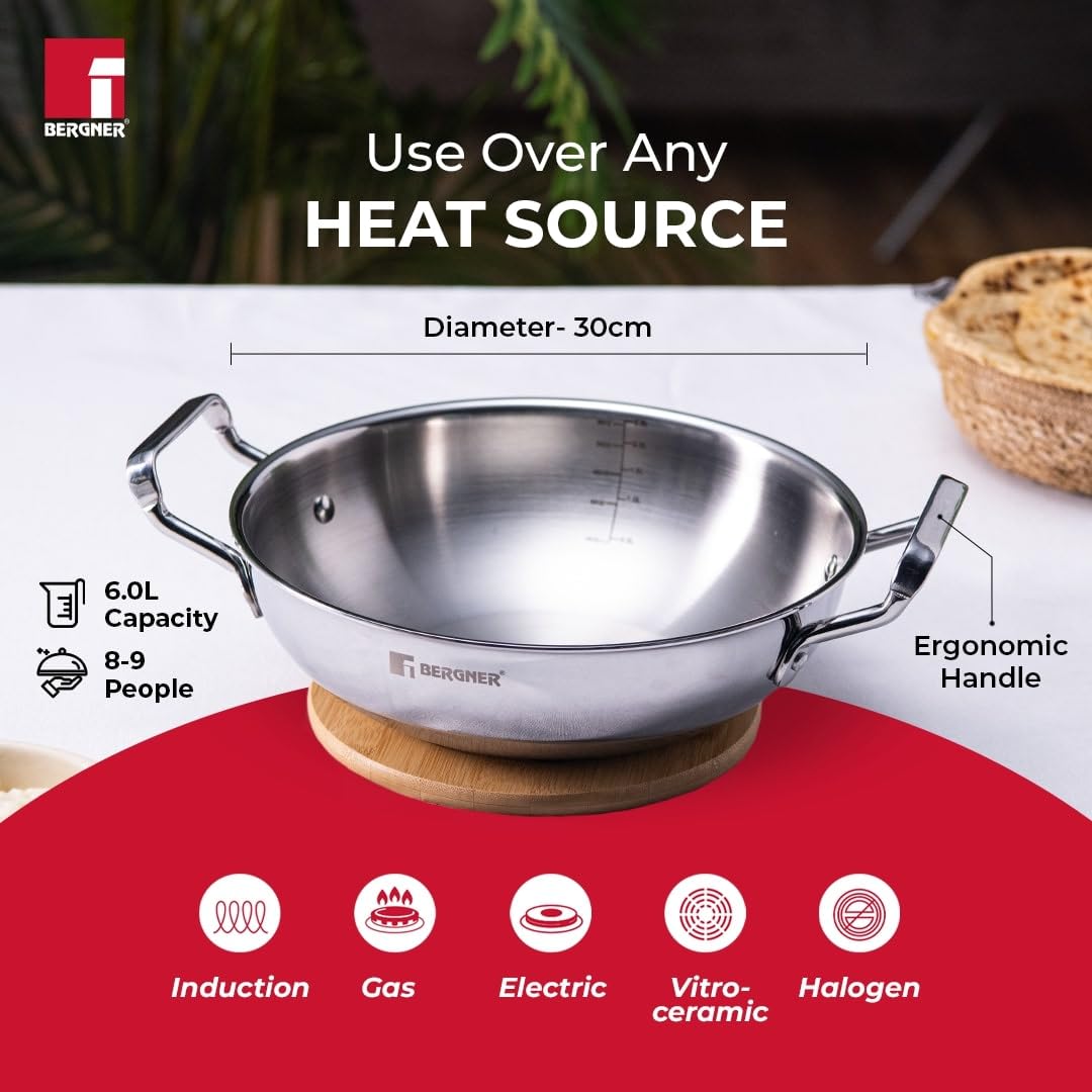 Bergner Tripro Triply 30 Cm Deep Kadai | 6 L Capacity | Stainless Steel Lid | Wide Grip Handles