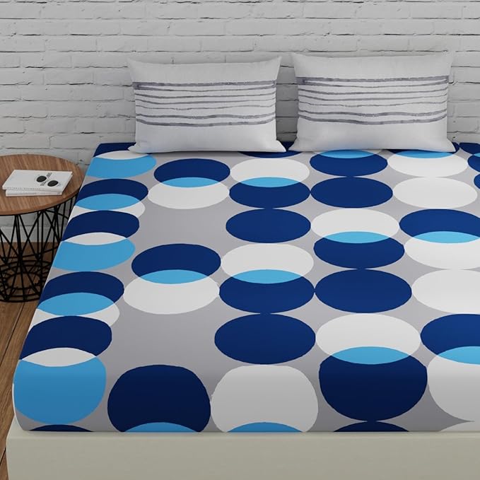 Huesland by Ahmedabad Cotton 144 TC Bedsheet for King Size Bed with 2 Pillow Covers | Bubble Drop | Blue, Grey & White