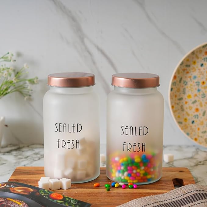 Femora Kitchen Storage Jars Frosted Glass Jar With Steel Lid Air Tight Jar | 1500 Ml | Pack of 6 | Golden Lid