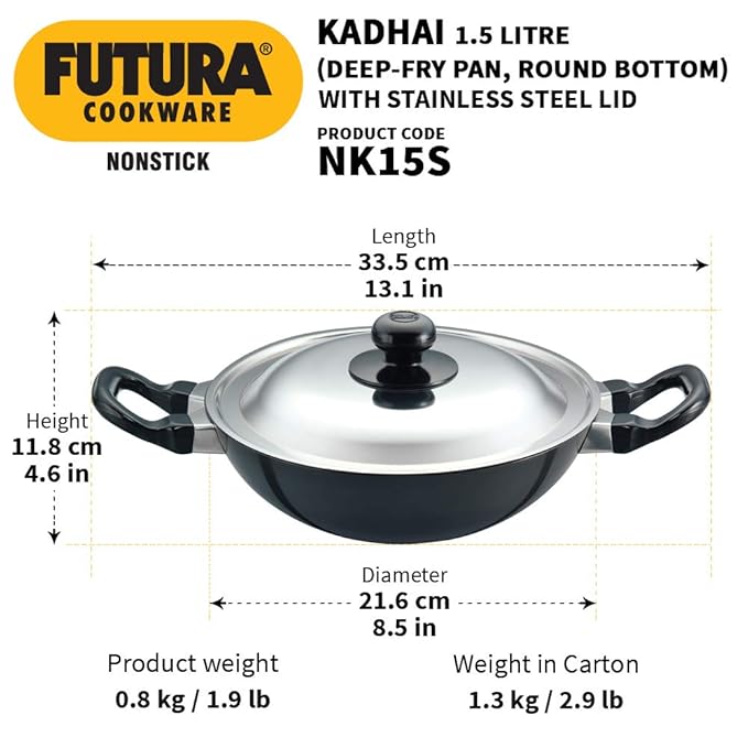 Hawkins Futura 1.5 Litre Deep Fry Pan Non Stick Kadai with Stainless Steel Lid