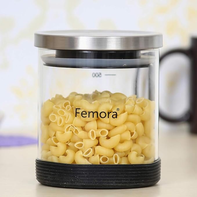 Femora Kitchen Storage Jars Borosilicate Glass With Silicon Bottom Air Tight Jar | 500 Ml | 900 Ml | 1300 Ml | Pack of 3