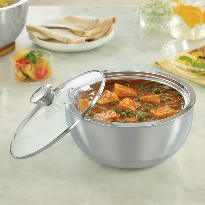 Borosil Stainless Steel Solid Curry Server Bowl | 500 Ml | 1 Piece | Silver