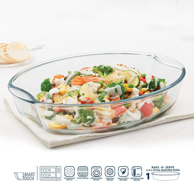 Borosil Borosilicate Glass Oval Baking Oven & Microwave Safe Dish | 2.5 Litres | Transparent
