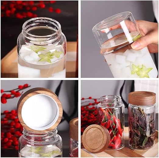 Femora Kitchen Storage Jars Borosilicate Glass With Wooden Lid Air Tight Jar | 550 Ml | Pack of 4 | Transparent