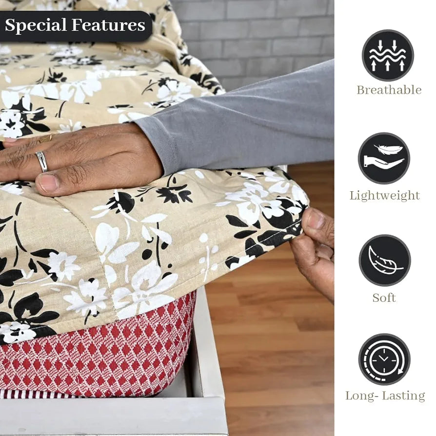 Divine Casa Floret 100% Cotton King Fitted Bedsheet 144 TC Deep Pocket Design Soft & Breathable Fabric Colour Ivory Sunflowers