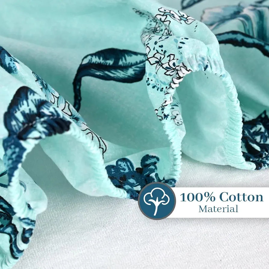 Divine Casa Floret 100% Cotton King Fitted Bedsheet 144 TC Deep Pocket Design Soft & Breathable Fabric Colour Winter Fern