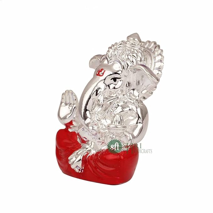 Indicast Hand Carved Silver Plated God Ganesha Resin Idol Sculpture Statue Murti for Office & and Home Decor & Gifts | Red