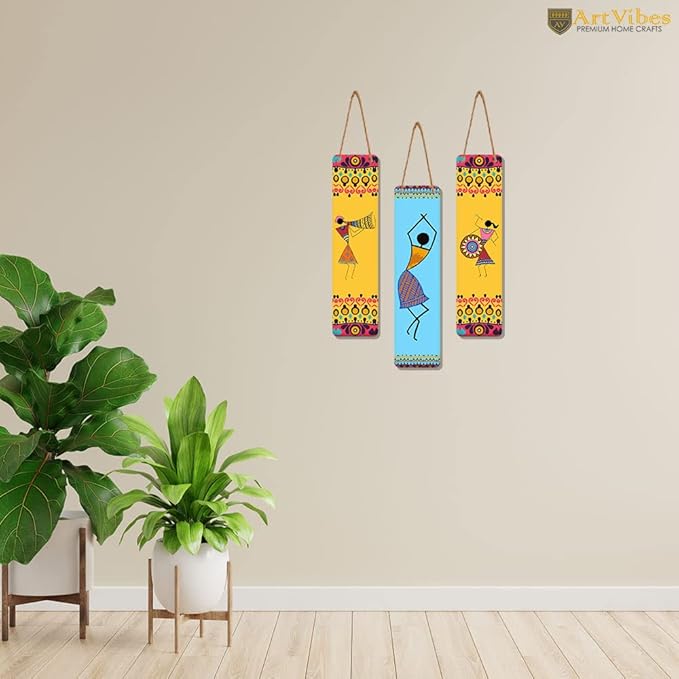 Artvibes African Warli Art Designer Wooden Wall Hanging Decoration Items for Home | Set of 3