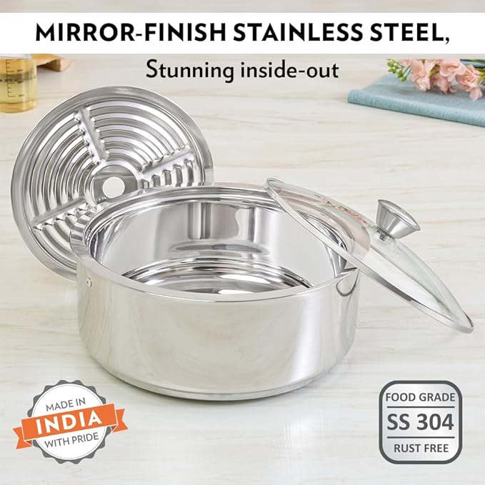 Borosil 2.5 L Stainless Steel Insulated Roti Server | Odur Proof, Food Grade, Toughned Glass Lid, Puf Insulated | Chapati Casserole