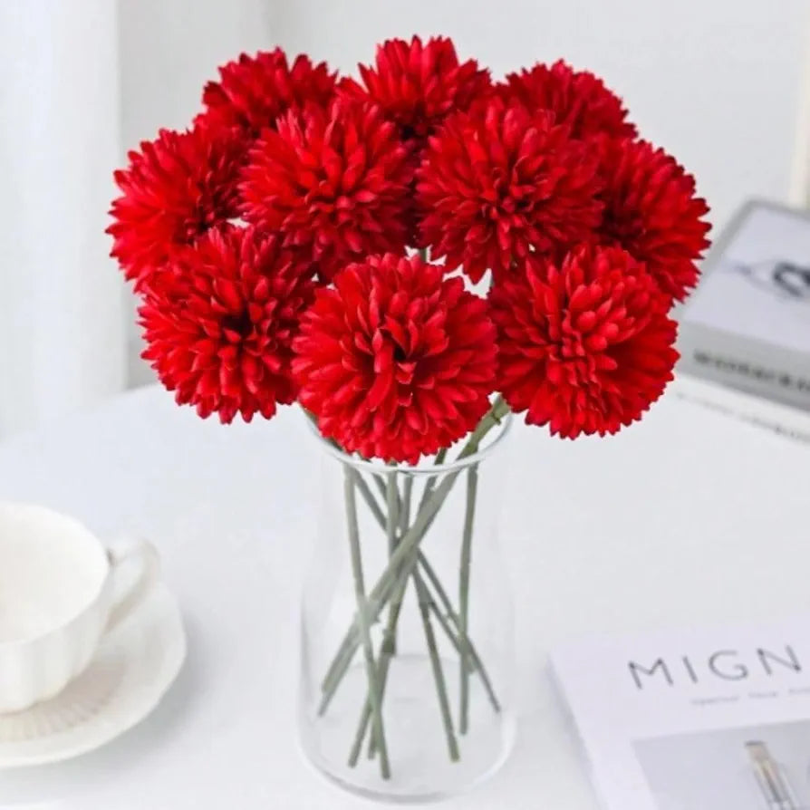 Artificial Chrysanthemum Hydrangea Ball Flower Sticks Red