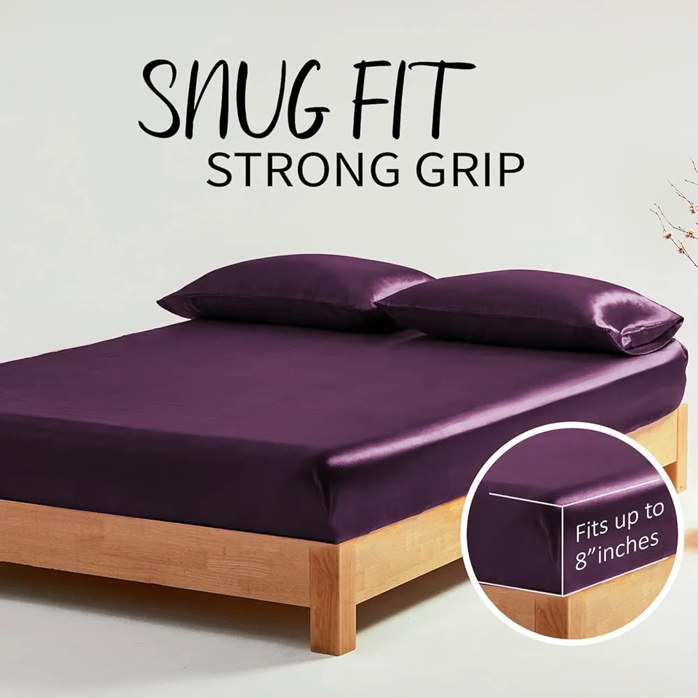 Cloth Fusion Satin Elastic Fitted Bedsheets Double Bed Luxury Queen Size with 2 Pillow Covers Wine