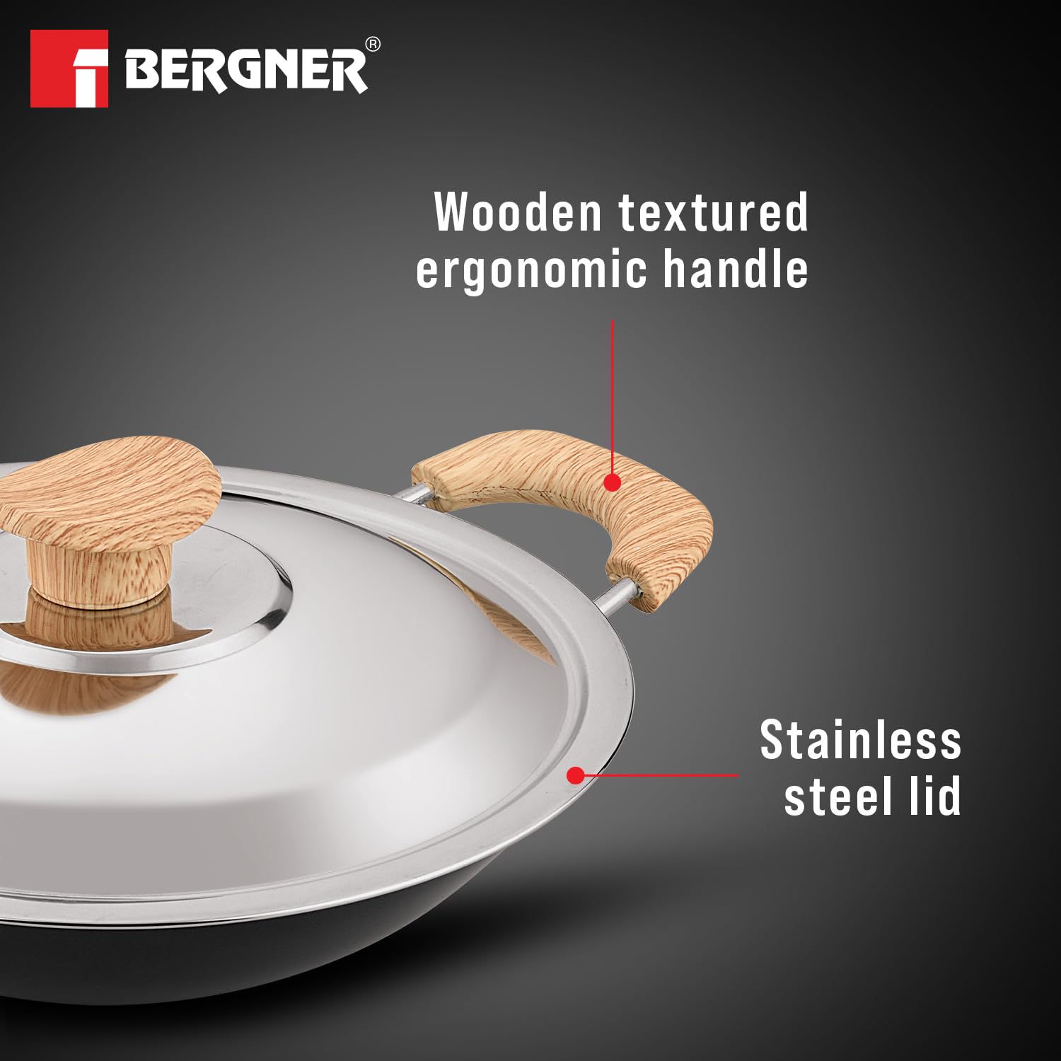 Bergner Bellini Plus Aura 5-layer Non-stick 20 Cm Appachetty With Stainless Steel Lid, Wooden Finish Soft Touch Handle