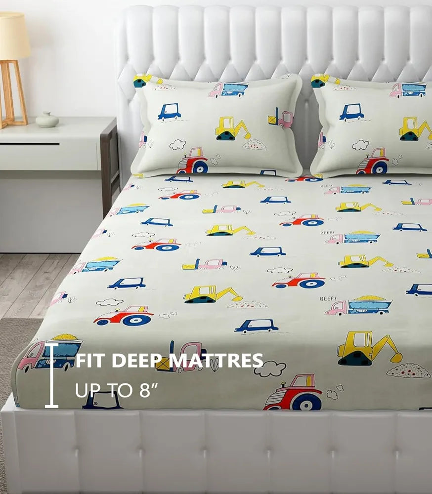 Fresh From Loom Elastic Fitted Bed Sheet with 2 Pillow Cover Cartoon Printed Cream Double Bed 300 TC Cream