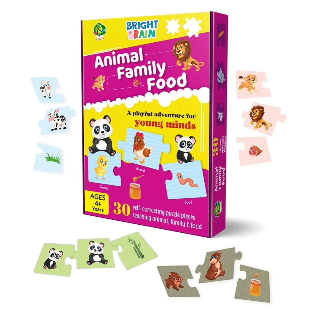 The Book Tree Animal Family and Food Puzzle for Kids | 30 Self-Correcting Pieces | Educational Montessori Game to Learn Animal Names, Their Babies & Food | Preschool Toy for Ages 3+