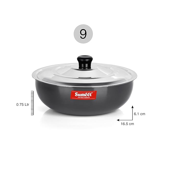 Sumeet 3mm Hard Anodized Deep Tasla with Stainless Steel Lid Size No - 9 (16.5cm 750 Ml)