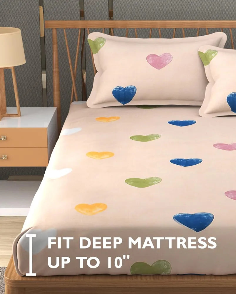 Fresh From Loom Floral Print 240 TC King Size Fitted Bedsheet Set 2 Pillow Covers Heart-Brown