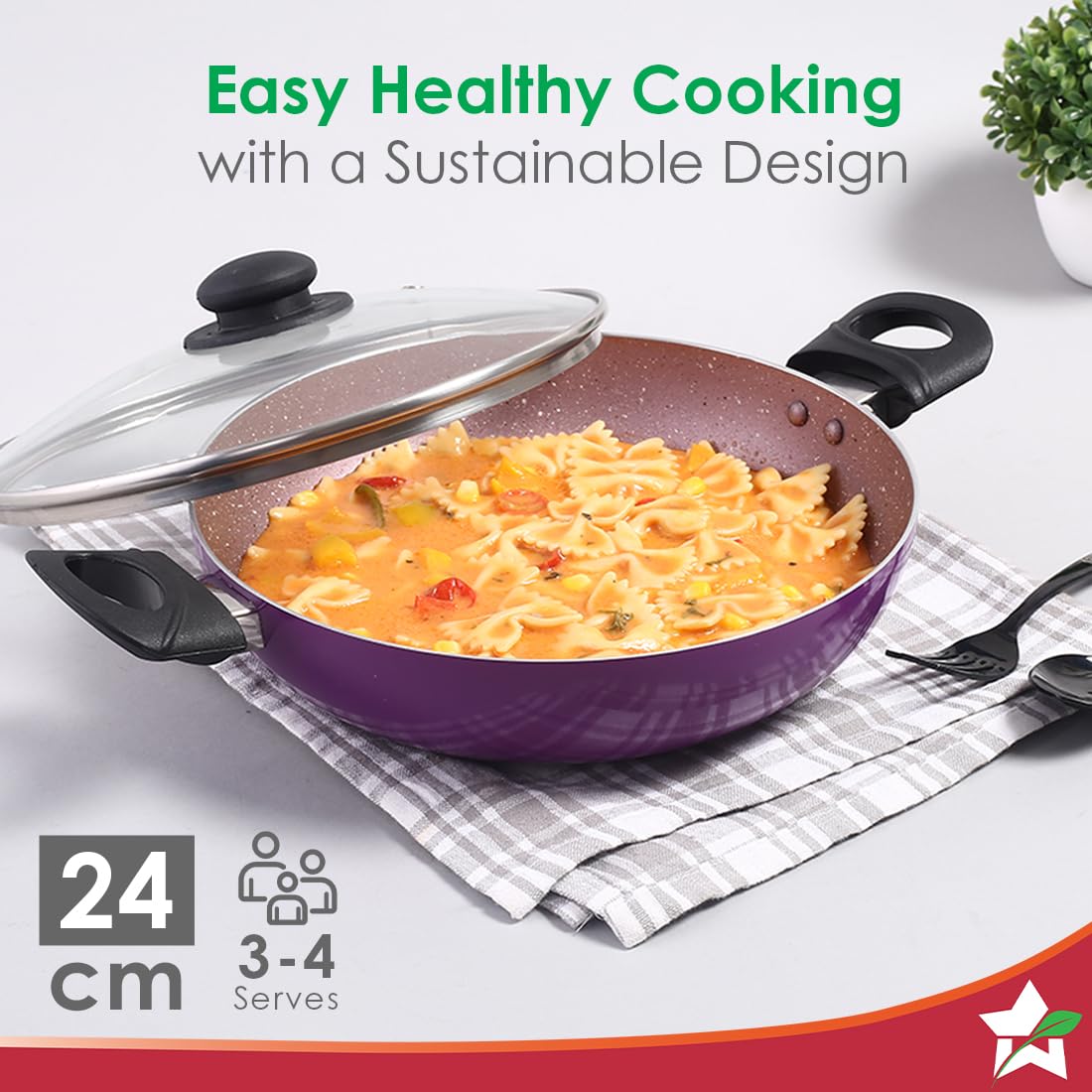 Wonderchef Valencia Non-stick 24 Cm Kadhai With Glass Lid | Purple