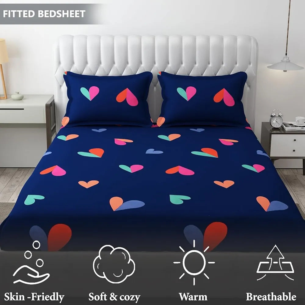 Fresh From Loom Soft Glace Cotton Fitted Bedsheet King Size Bed With Two Pillow Cover Elastic Fitted Solid Bed Sheets 144 TC Heart Blue