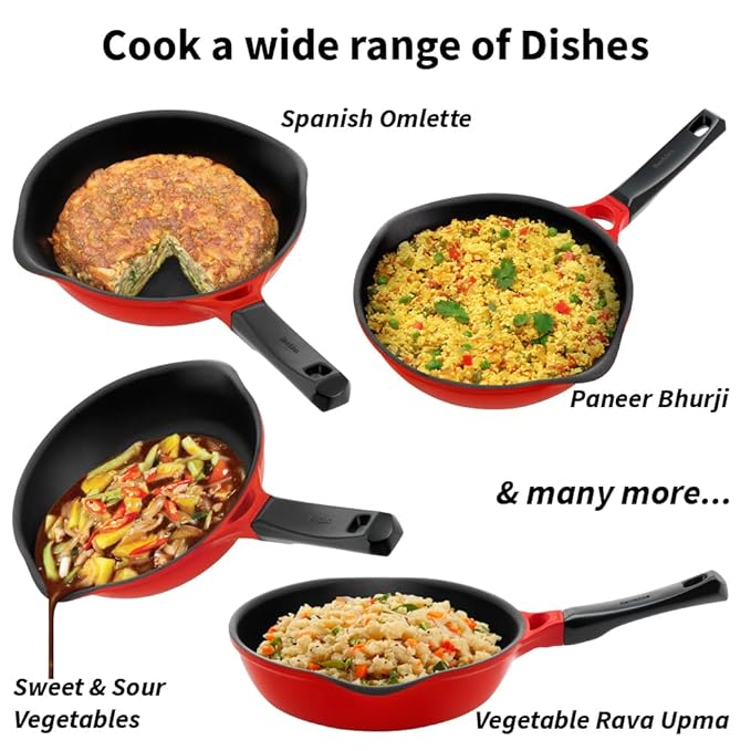 Hawkins 24 cm Frying Pan Die Cast Non Stick Fry Pan with Glass Lid Ceramic Coated Pan Red