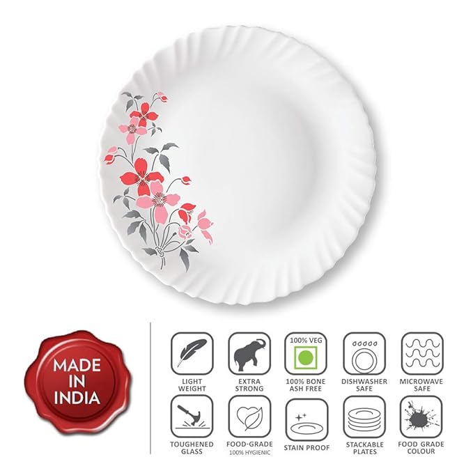 Larah by Borosil Fiore, Opalware Full Plate | 11 Inch | White | Set of 6