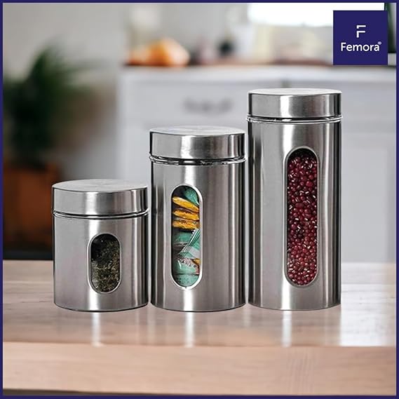 Femora Kitchen Storage Jars Steel Body With See Through Window Jar | 1300 Ml | Set of 2