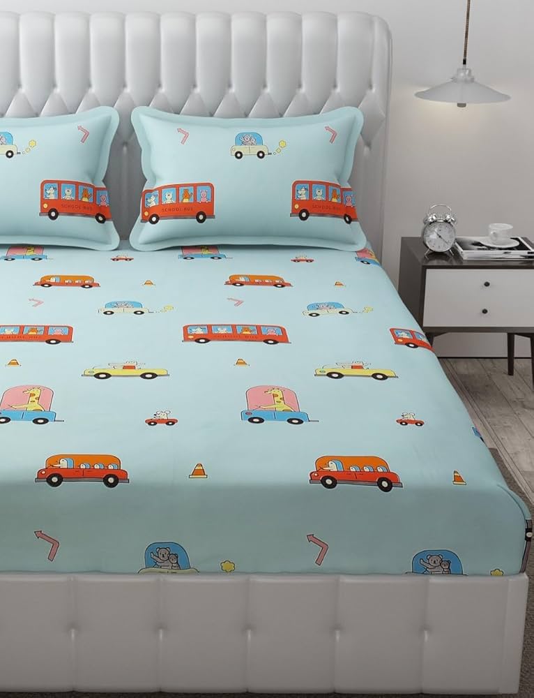 Fresh From Loom Glace Cotton Bed Sheet with 2 Pillow Cover Cartoon Printed Double Bed King Size Kids Bedsheet  144 TC Aqua
